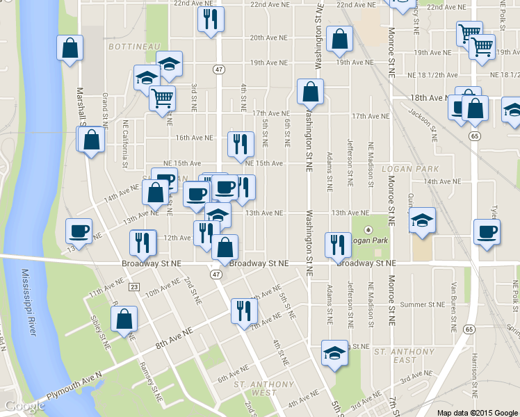 map of restaurants, bars, coffee shops, grocery stores, and more near in Minneapolis