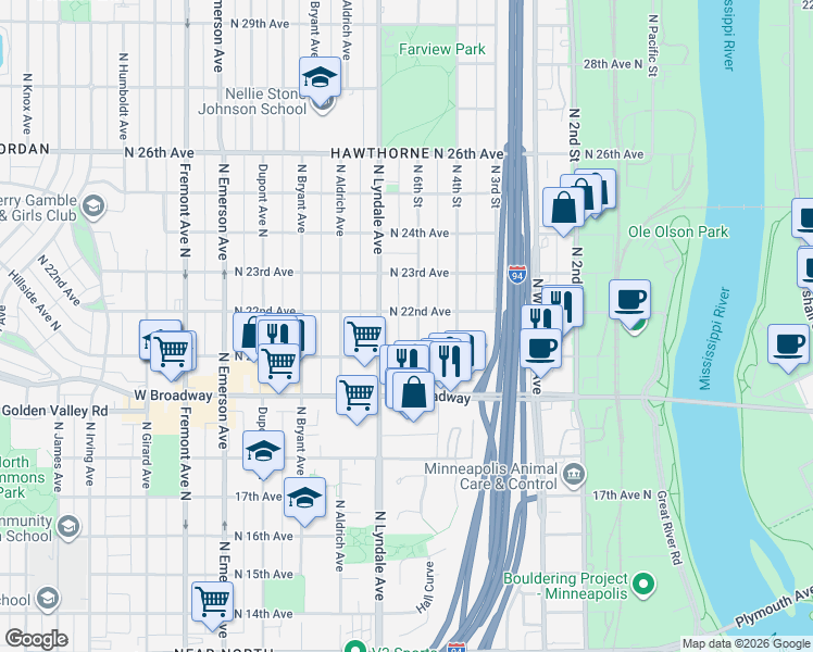 map of restaurants, bars, coffee shops, grocery stores, and more near 2138 North 6th Street in Minneapolis