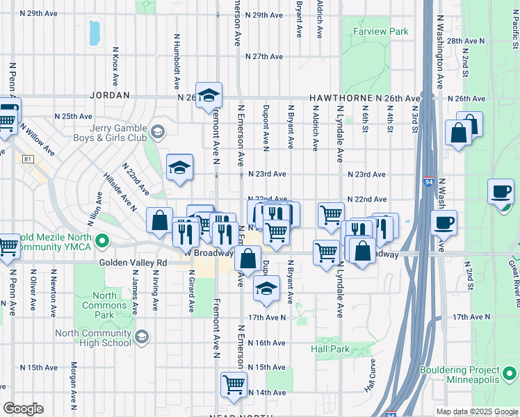 map of restaurants, bars, coffee shops, grocery stores, and more near 2126 Dupont Avenue North in Minneapolis