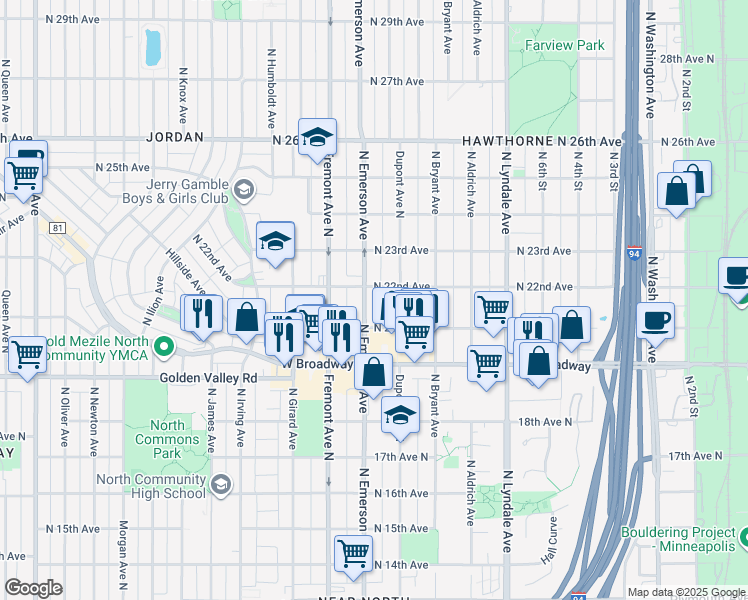 map of restaurants, bars, coffee shops, grocery stores, and more near in Minneapolis