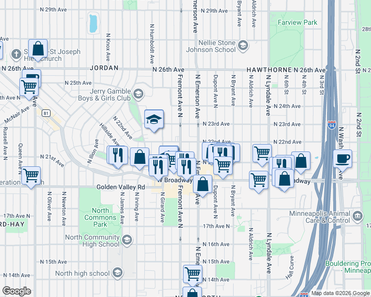map of restaurants, bars, coffee shops, grocery stores, and more near 2136 North Fremont Avenue in Minneapolis