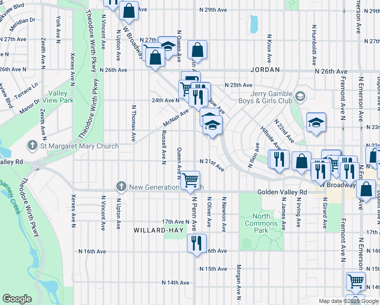 map of restaurants, bars, coffee shops, grocery stores, and more near 2131 North Penn Avenue in Minneapolis
