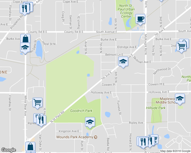 map of restaurants, bars, coffee shops, grocery stores, and more near 2066 Shryer Avenue East in North Saint Paul