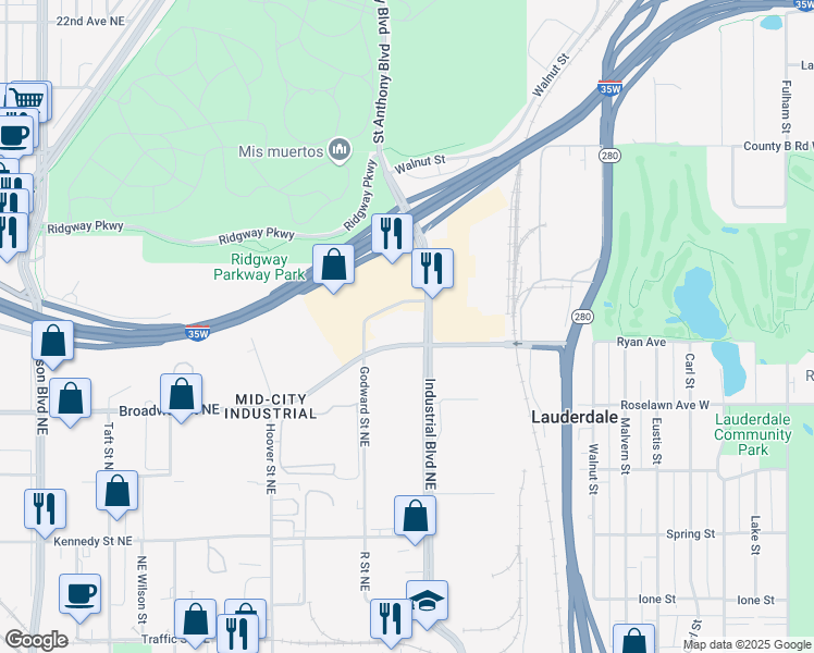 map of restaurants, bars, coffee shops, grocery stores, and more near 1320 1/2 Industrial Blvd NE in Minneapolis