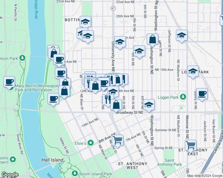 map of restaurants, bars, coffee shops, grocery stores, and more near 323 13th Avenue Northeast in Minneapolis