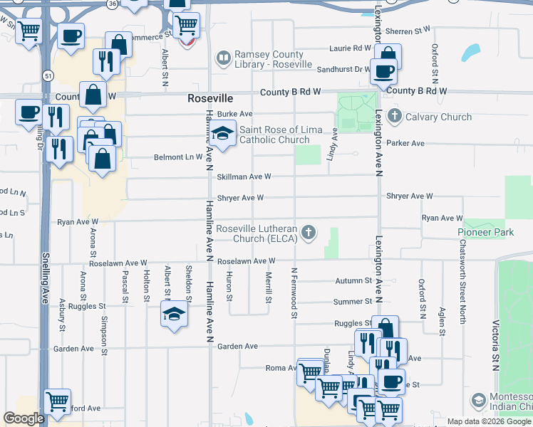 map of restaurants, bars, coffee shops, grocery stores, and more near 1254 Shryer Avenue West in Roseville