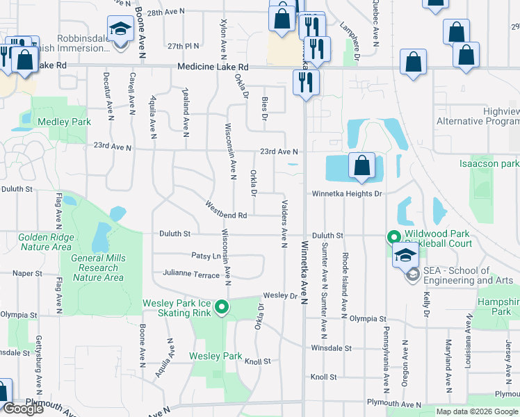 map of restaurants, bars, coffee shops, grocery stores, and more near 8071 Winnetka Heights Drive in Minneapolis