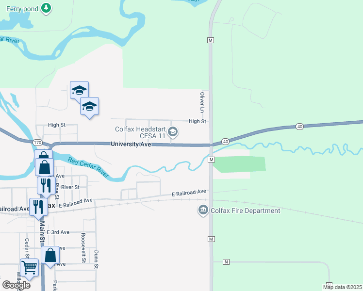 map of restaurants, bars, coffee shops, grocery stores, and more near 1009 University Avenue in Colfax