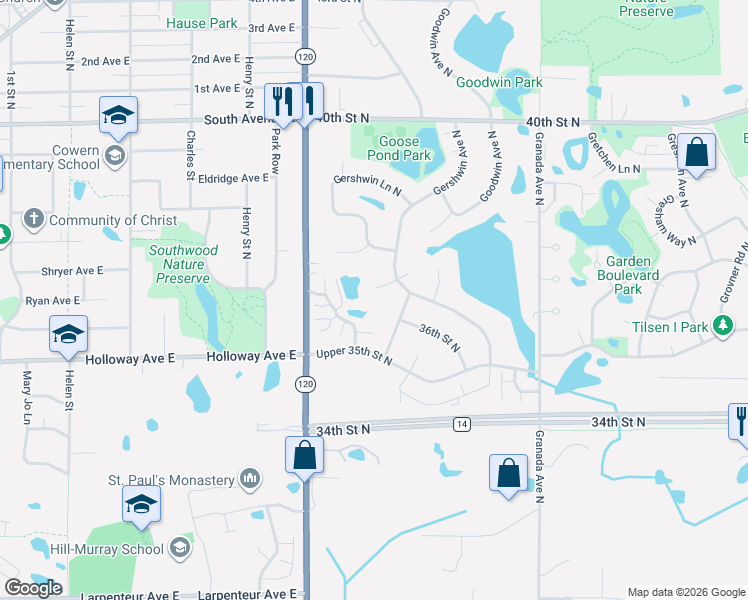 map of restaurants, bars, coffee shops, grocery stores, and more near 3652 Gershwin Circle North in Oakdale