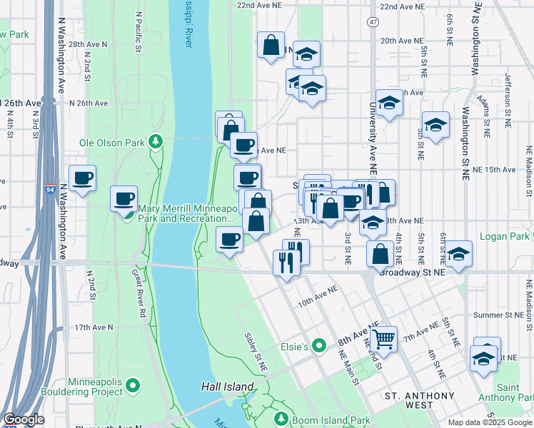 map of restaurants, bars, coffee shops, grocery stores, and more near 116 14th Avenue Northeast in Minneapolis