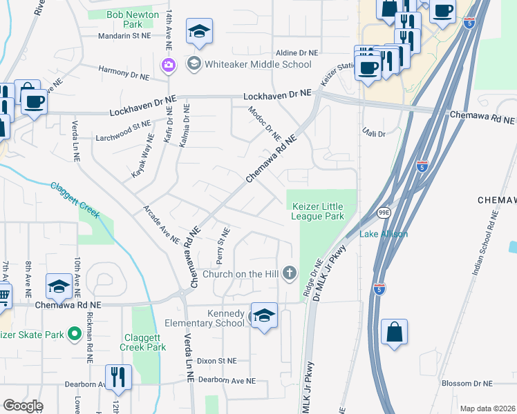 map of restaurants, bars, coffee shops, grocery stores, and more near 5347 Queens Avenue Northeast in Keizer