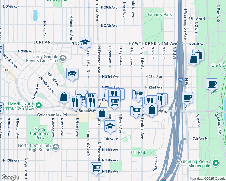 map of restaurants, bars, coffee shops, grocery stores, and more near 2126 Dupont Avenue North in Minneapolis
