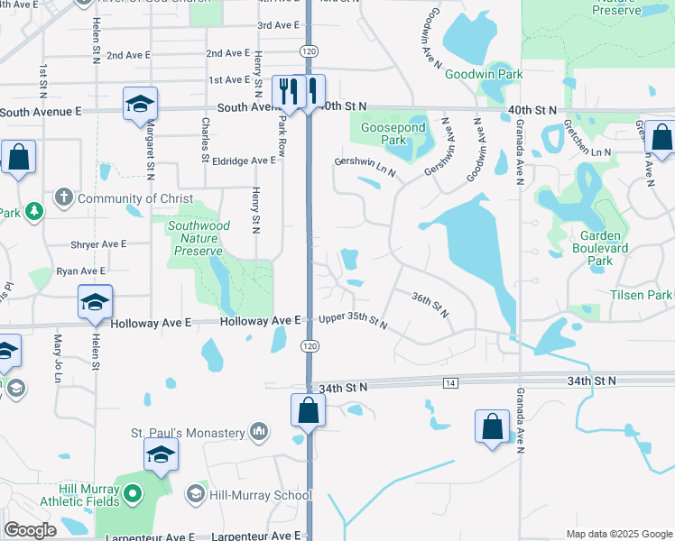 map of restaurants, bars, coffee shops, grocery stores, and more near 3593 Genevieve Avenue North in Oakdale