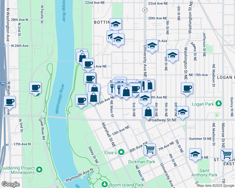 map of restaurants, bars, coffee shops, grocery stores, and more near 157 13th Avenue Northeast in Minneapolis