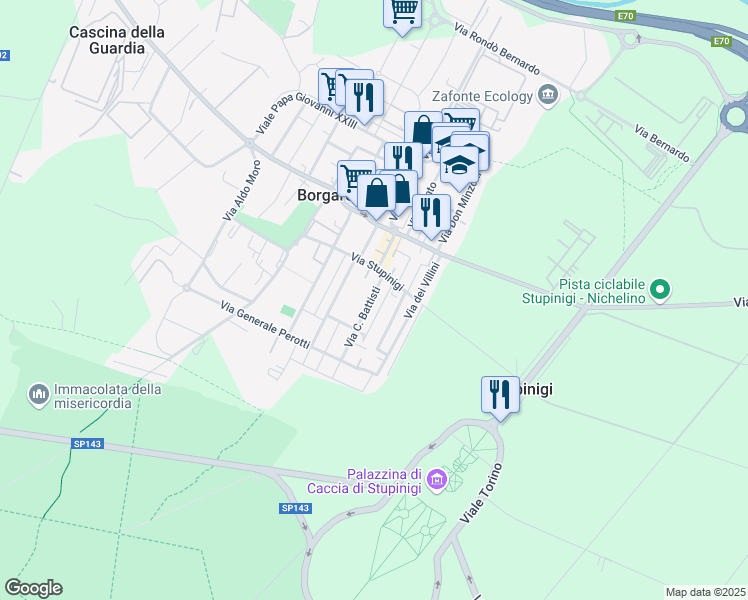 map of restaurants, bars, coffee shops, grocery stores, and more near 9 Via Cesare Battisti in Borgaretto