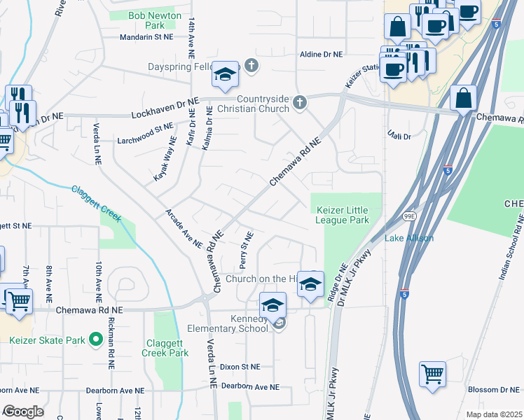 map of restaurants, bars, coffee shops, grocery stores, and more near 1734 Chemawa Road Northeast in Keizer