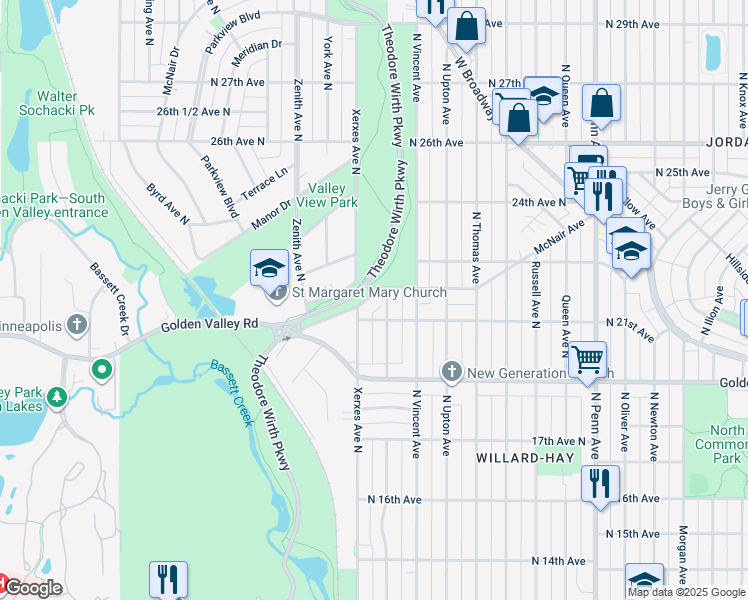 map of restaurants, bars, coffee shops, grocery stores, and more near 2122 Xerxes Avenue North in Minneapolis