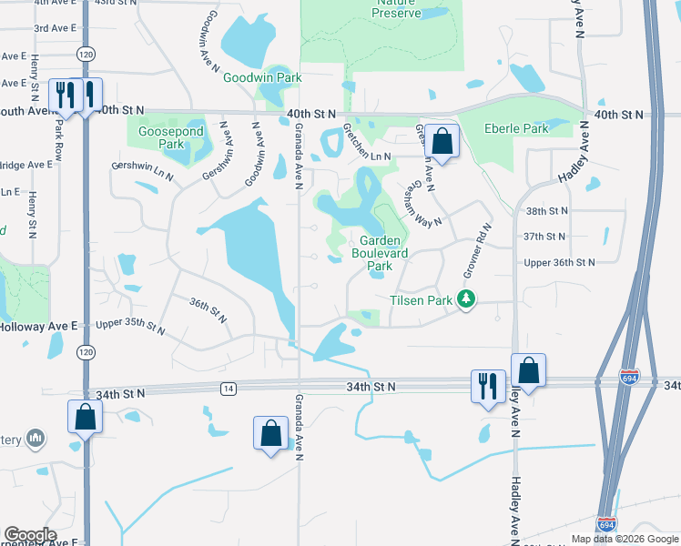 map of restaurants, bars, coffee shops, grocery stores, and more near 3620 Garden Boulevard North in Saint Paul
