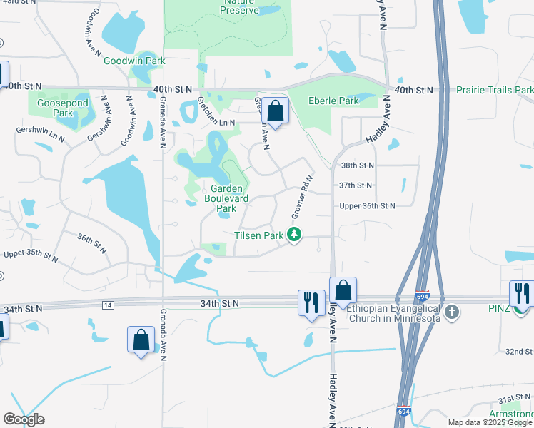 map of restaurants, bars, coffee shops, grocery stores, and more near 7700 36th Street North in Oakdale