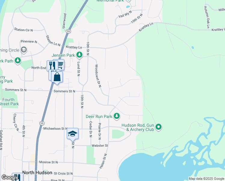 map of restaurants, bars, coffee shops, grocery stores, and more near 1102 Partridge Lane North in Hudson