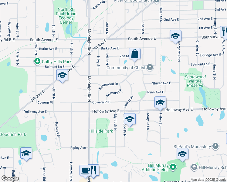 map of restaurants, bars, coffee shops, grocery stores, and more near 1999 Memory Lane in North Saint Paul
