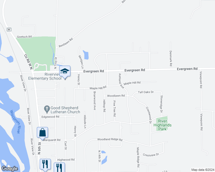 map of restaurants, bars, coffee shops, grocery stores, and more near 4201 Hilltop Road in Wausau