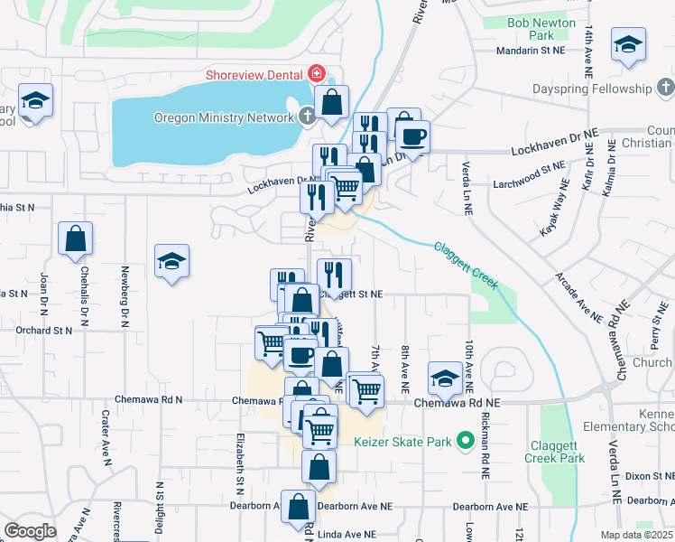 map of restaurants, bars, coffee shops, grocery stores, and more near 574 Rose Park Lane Northeast in Keizer