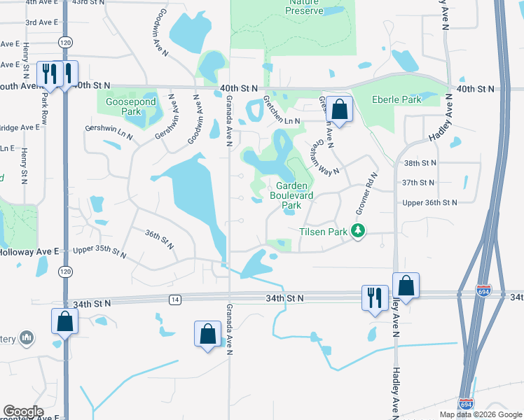 map of restaurants, bars, coffee shops, grocery stores, and more near 3620 Garden Boulevard North in Saint Paul