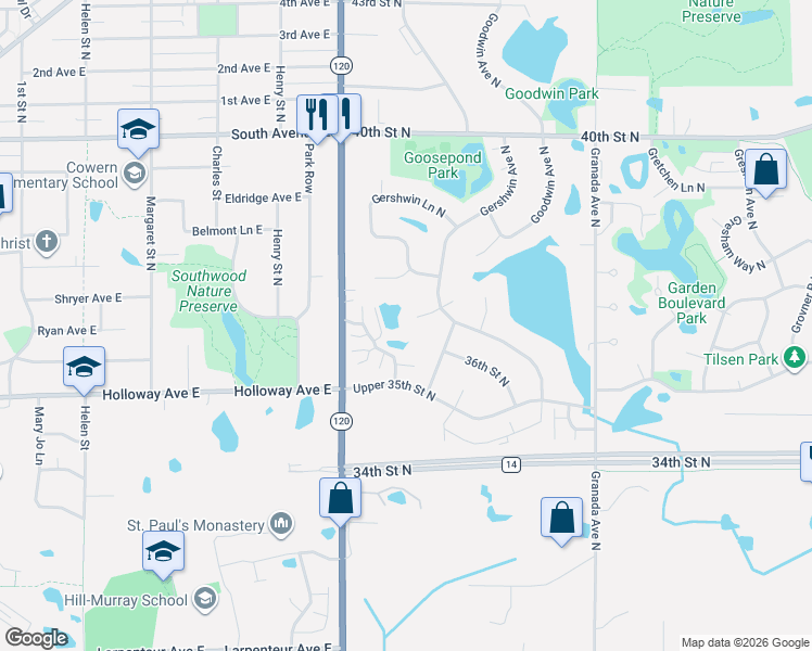 map of restaurants, bars, coffee shops, grocery stores, and more near 3652 Gershwin Circle North in Oakdale