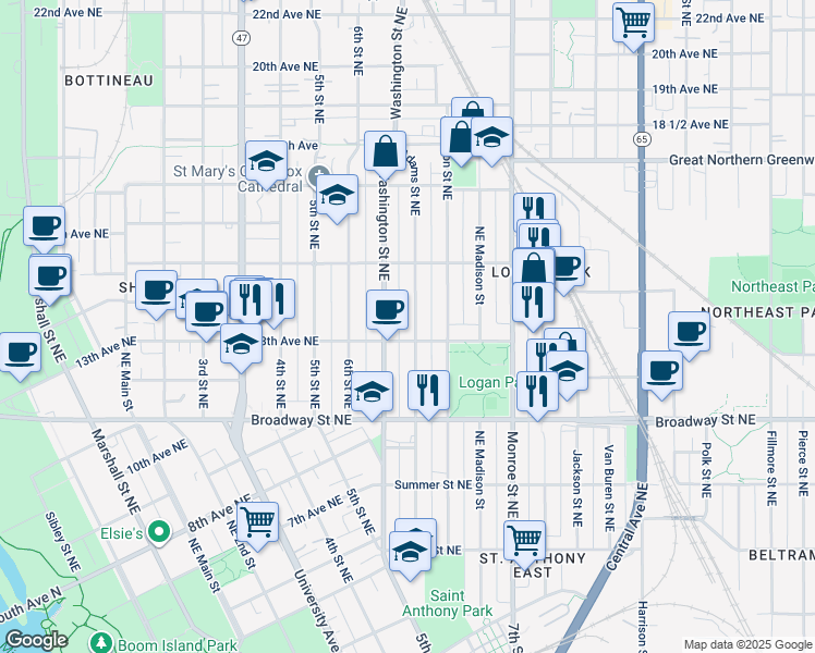 map of restaurants, bars, coffee shops, grocery stores, and more near 1316 Adams Street Northeast in Minneapolis