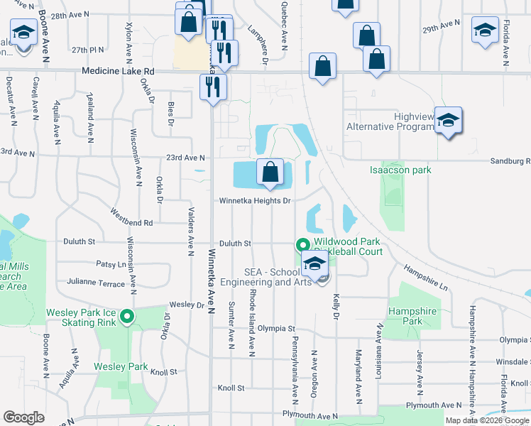 map of restaurants, bars, coffee shops, grocery stores, and more near 7551 Winnetka Heights Drive in Minneapolis