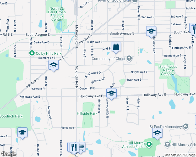 map of restaurants, bars, coffee shops, grocery stores, and more near 1999 Memory Lane in North Saint Paul