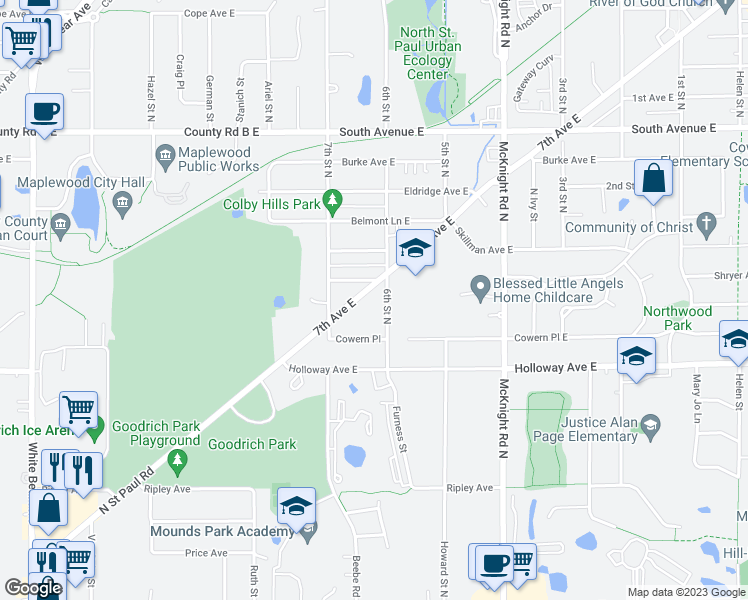 map of restaurants, bars, coffee shops, grocery stores, and more near 2146 7th Avenue East in North Saint Paul