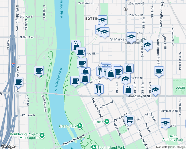 map of restaurants, bars, coffee shops, grocery stores, and more near 1321 Grand Street Northeast in Minneapolis