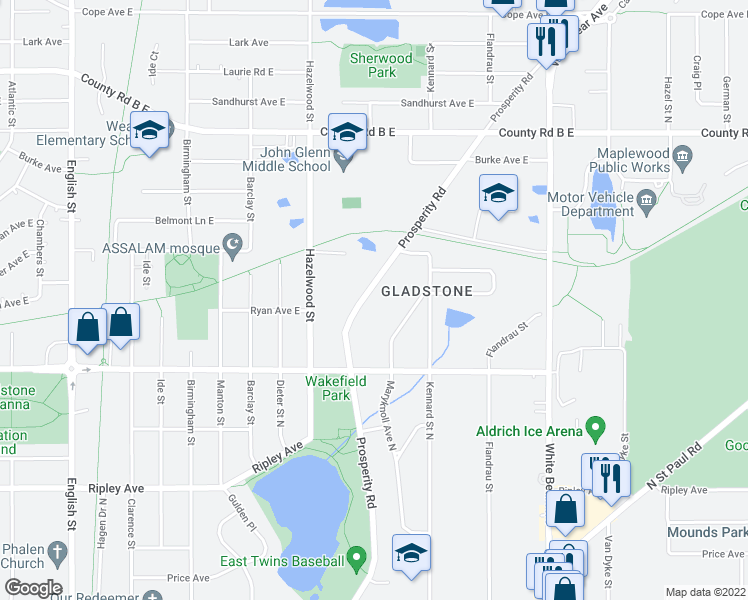 map of restaurants, bars, coffee shops, grocery stores, and more near 1994 Prosperity Road in Saint Paul