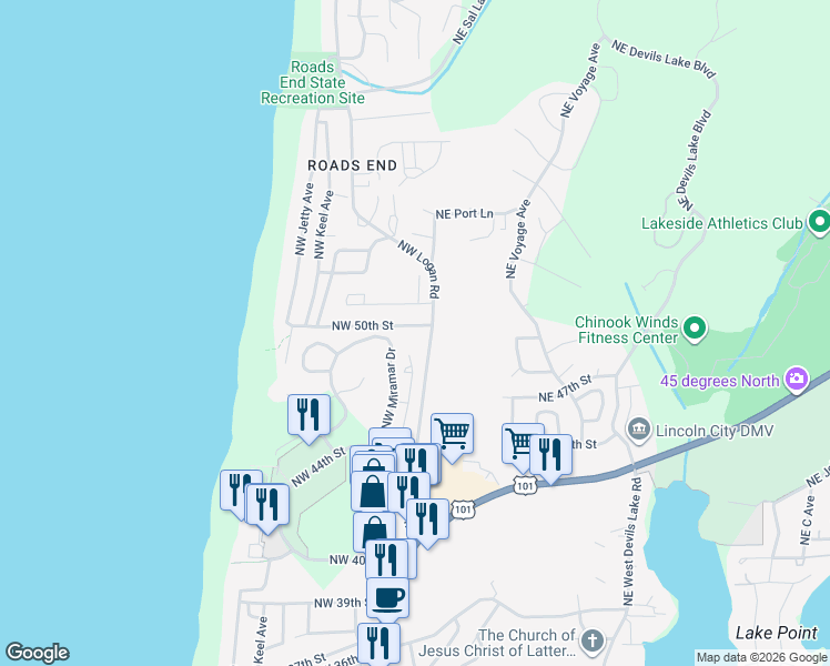 map of restaurants, bars, coffee shops, grocery stores, and more near 2168 Northwest 50th Street in Lincoln City