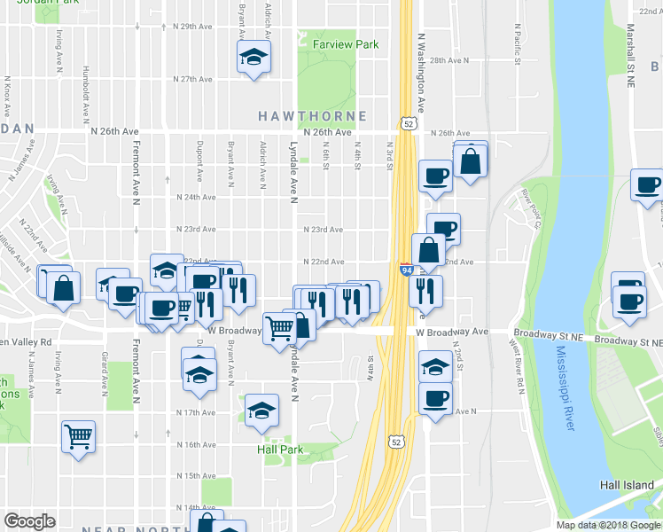 map of restaurants, bars, coffee shops, grocery stores, and more near 2138 North 6th Street in Minneapolis