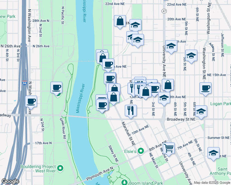 map of restaurants, bars, coffee shops, grocery stores, and more near 116 14th Avenue Northeast in Minneapolis