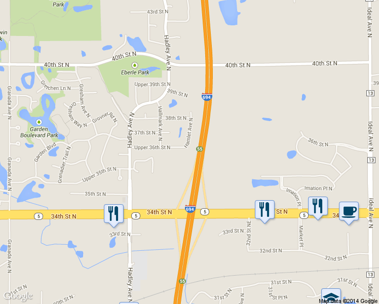 map of restaurants, bars, coffee shops, grocery stores, and more near 7245 Upper 36th Street North in Oakdale