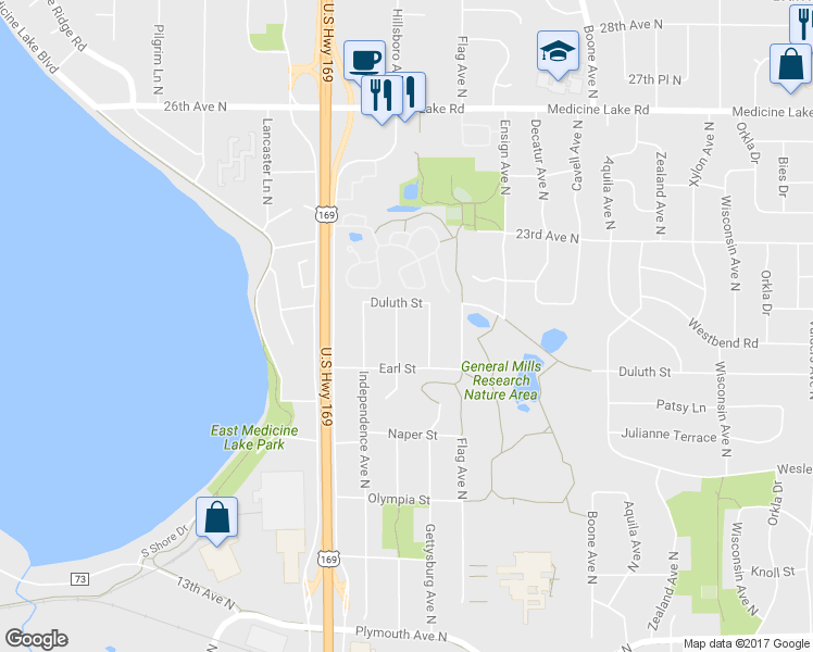 map of restaurants, bars, coffee shops, grocery stores, and more near 2004 Hillsboro Avenue North in Minneapolis