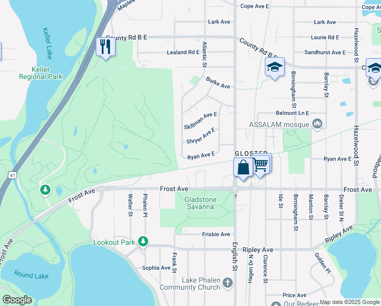 map of restaurants, bars, coffee shops, grocery stores, and more near 1211 Ryan Avenue East in Maplewood