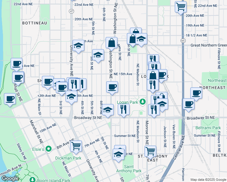 map of restaurants, bars, coffee shops, grocery stores, and more near 1316 Adams Street Northeast in Minneapolis