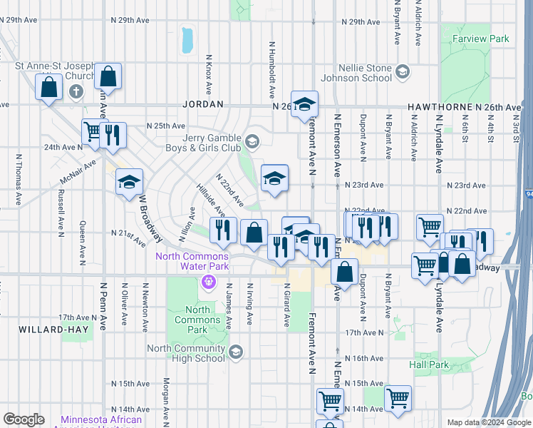 map of restaurants, bars, coffee shops, grocery stores, and more near 2134 North Irving Avenue in Minneapolis