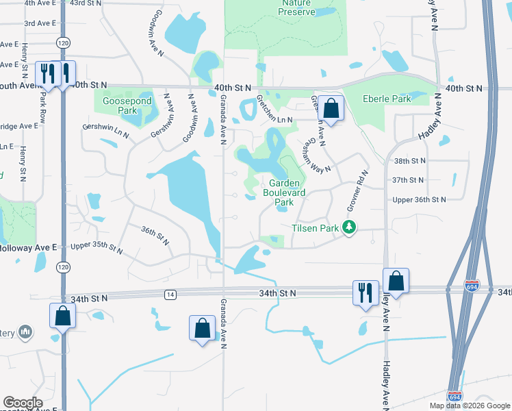 map of restaurants, bars, coffee shops, grocery stores, and more near 3620 Garden Boulevard North in Saint Paul