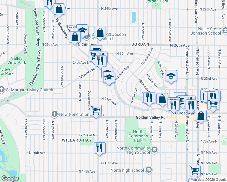 map of restaurants, bars, coffee shops, grocery stores, and more near 2005 West Broadway Avenue in Minneapolis