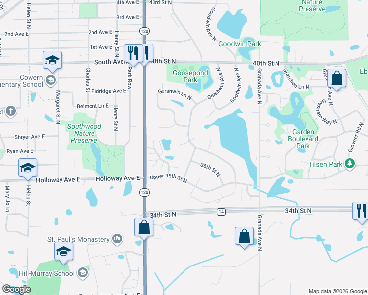 map of restaurants, bars, coffee shops, grocery stores, and more near 3652 Gershwin Circle North in Oakdale
