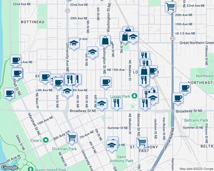 map of restaurants, bars, coffee shops, grocery stores, and more near 1316 Adams Street Northeast in Minneapolis