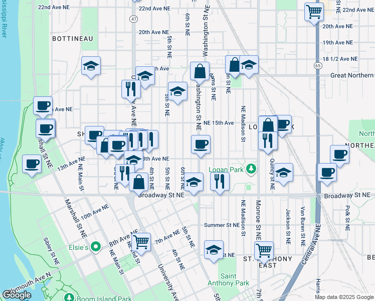 map of restaurants, bars, coffee shops, grocery stores, and more near 1318 Washington Street Northeast in Minneapolis