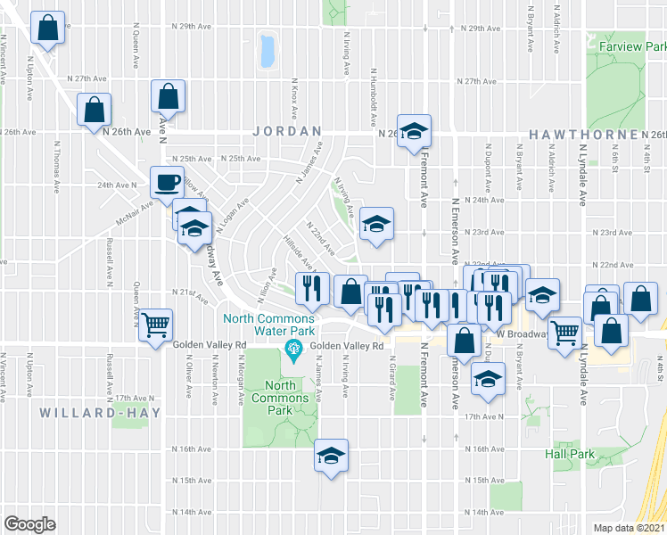 map of restaurants, bars, coffee shops, grocery stores, and more near 1523 North 22nd Avenue in Minneapolis