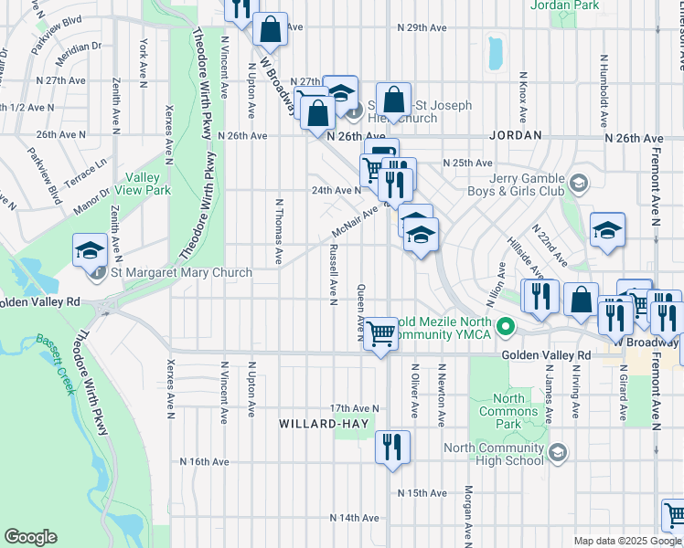 map of restaurants, bars, coffee shops, grocery stores, and more near 2126 Russell Avenue North in Minneapolis